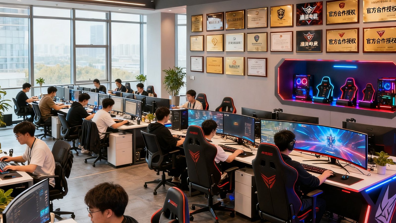 极速电竞上海总部开放式办公区，约60名员工正在工位上专注工作，墙面上挂满了各大赛事的官方合作授权牌匾，角落的电竞体验区摆放着专业电竞椅和曲面显示器