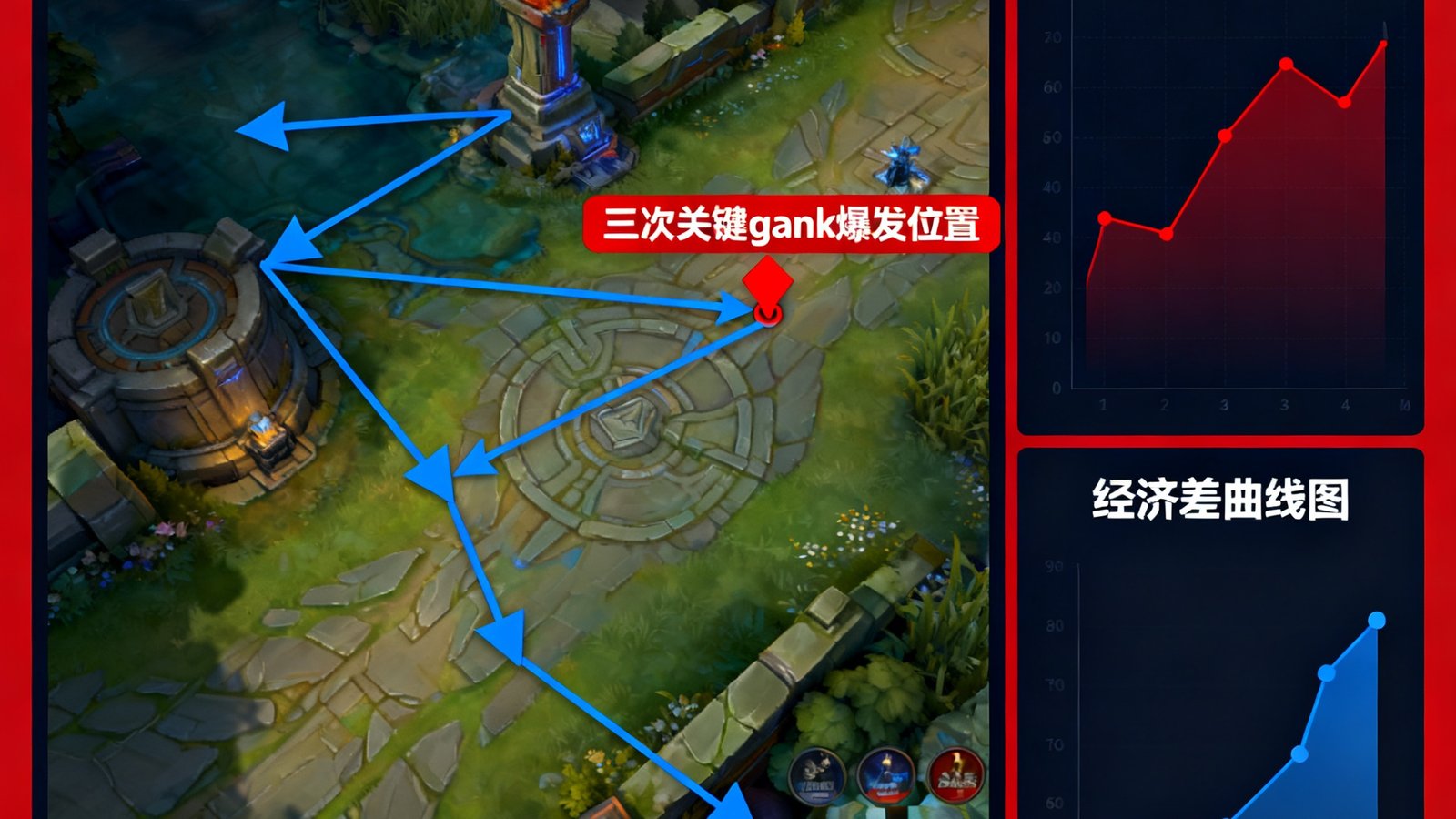 战术复盘画面，游戏地图上多条箭头标注了JDG-X中野组合的游走路线，红色标记显示三次关键gank的爆发位置，右侧列出了经济差曲线图